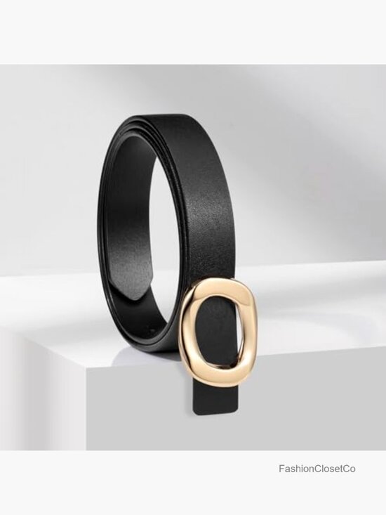 Cow Split Leather Skinny Belt with Gold Oval Buckle - Dress Pants main image 5